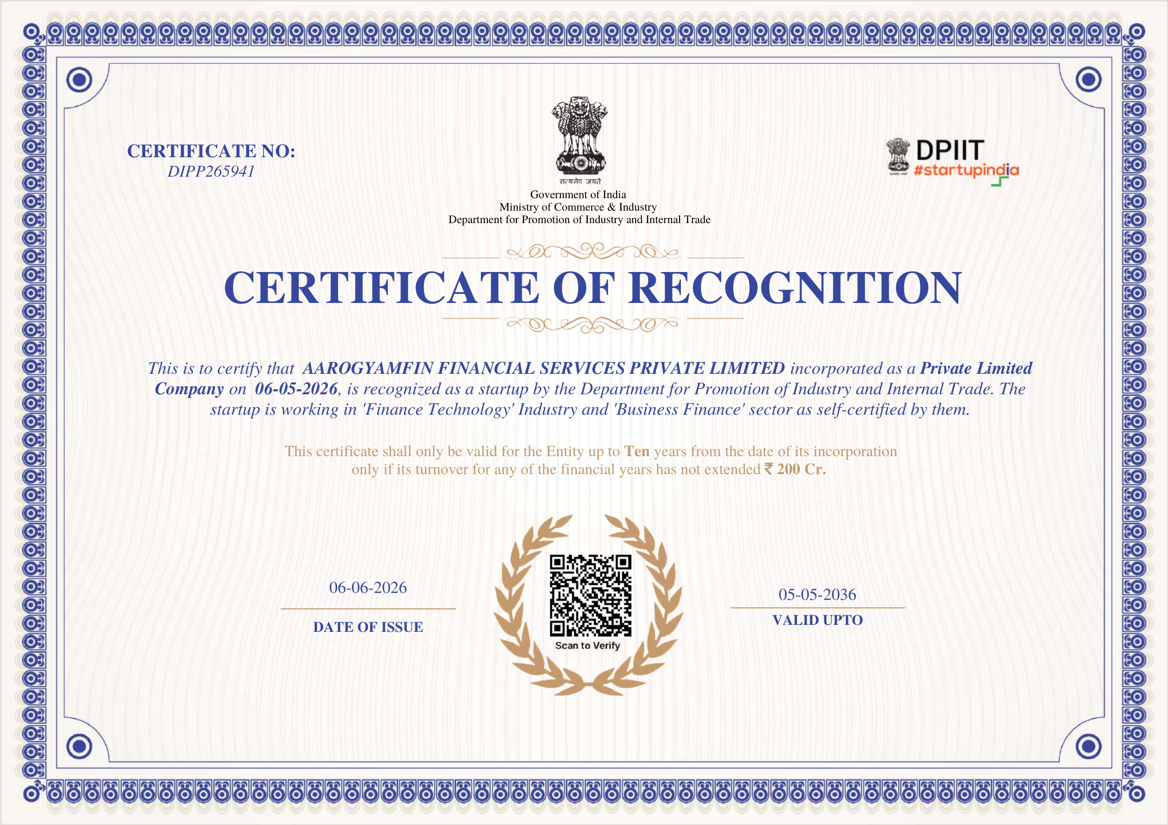 DPIIT Certificate of Recognition — AarogyamFin Financial Services Pvt. Ltd. — Certificate No DIPP265941 — Government of India